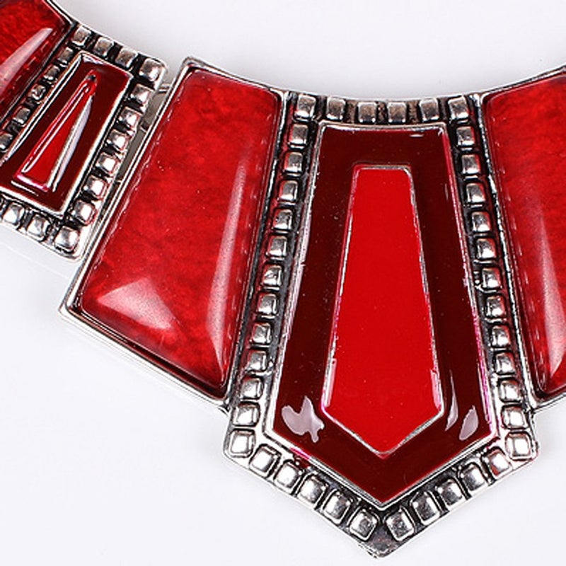 YAZILIND Vintage Ethnic Tibetan Silver Irregular Rhinestone Bib Collar Earrings Necklace Jewelry Set (Red) - Image 4